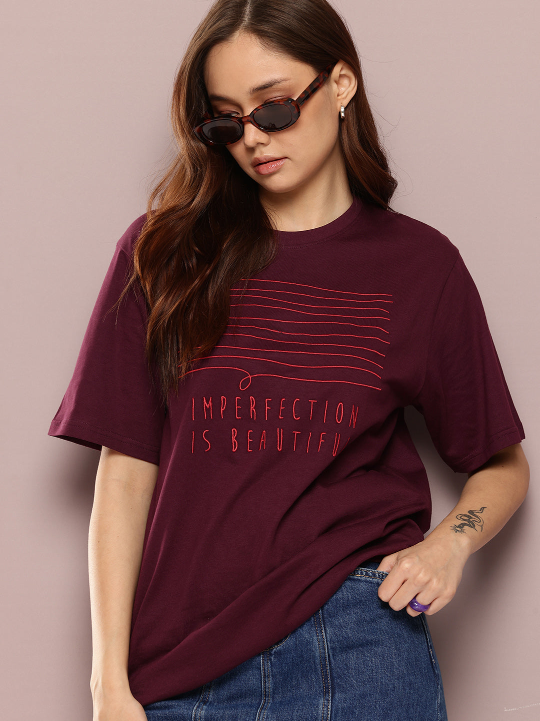 Womens Half Sleeve Round Neck Embroidered Oversized Fit Tshirts