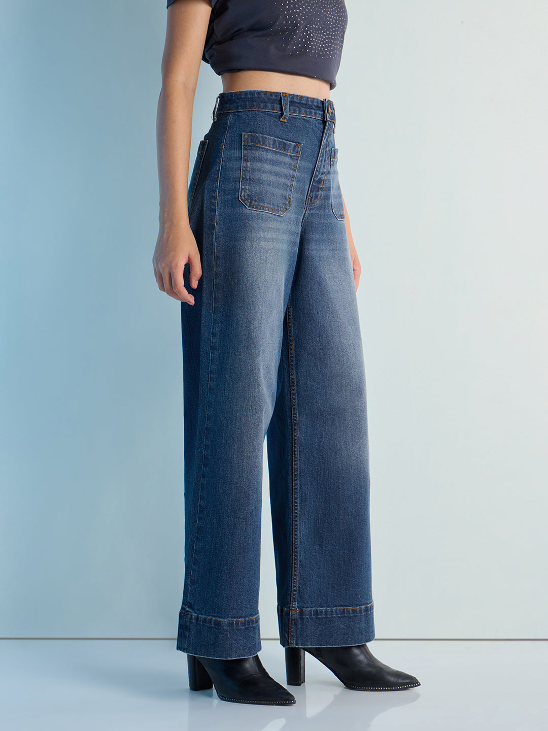 Womens Wide Leg Patch Pocket Denim Jeans Pant