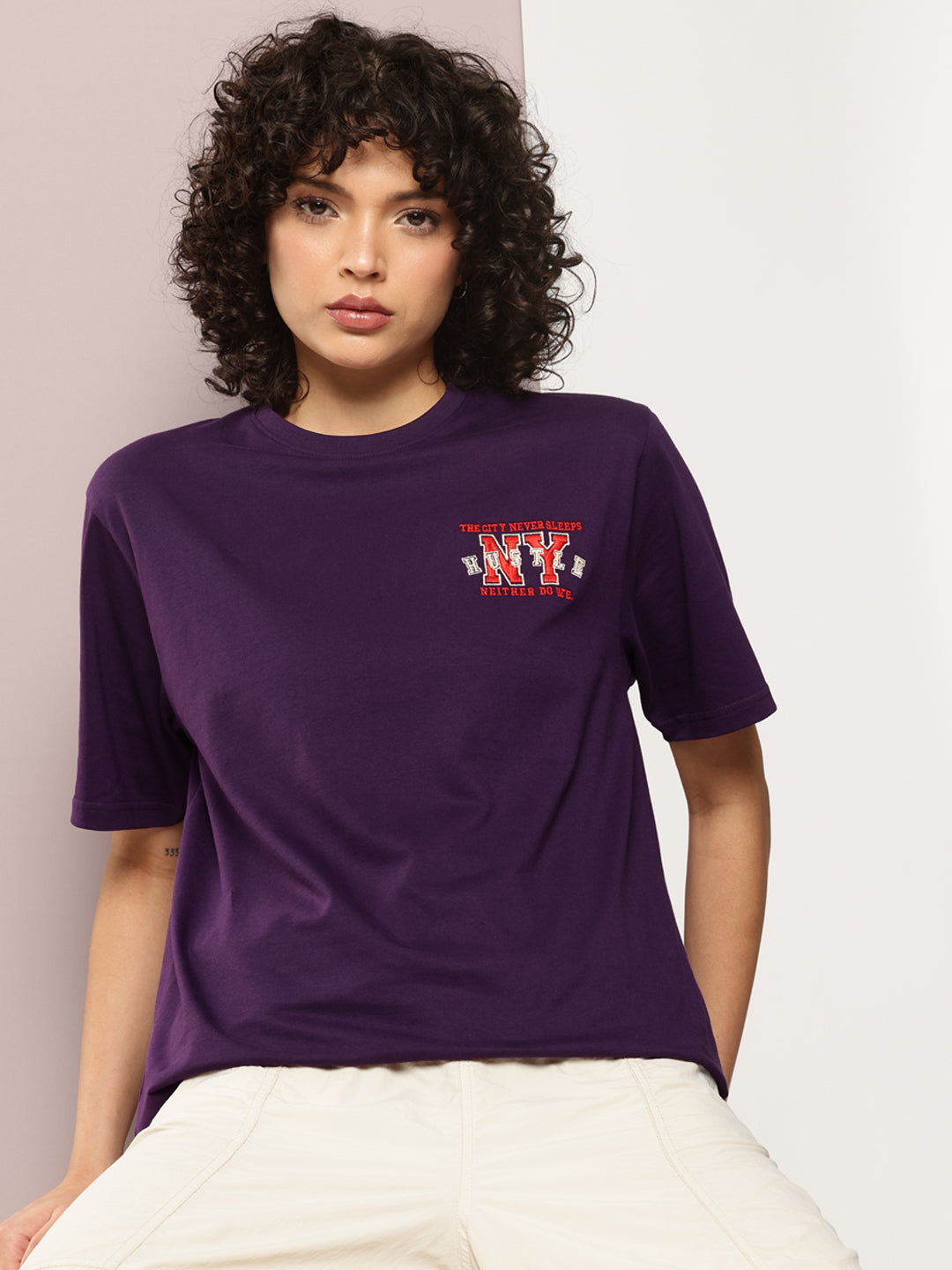 Womens Half Sleeve Round Neck Embroidery Oversized Fit Tshirts