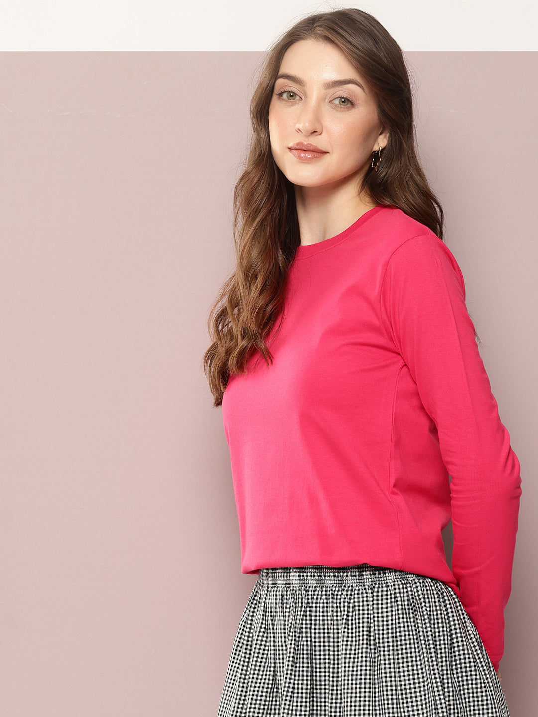 Womens Full Sleeve Round Neck Solid Regular Fit Tshirts