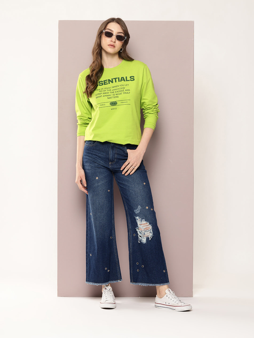 Womens Full Sleeve Round Neck Printed Oversized Fit Tshirts