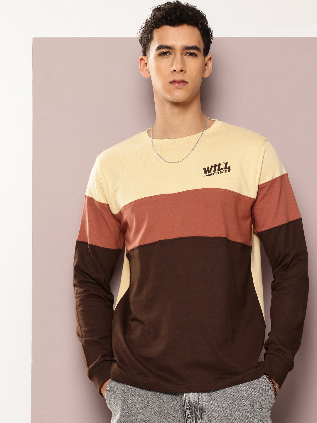 Mens Full Sleeve Round Neck Colourblocked Regular Fit Tshirts