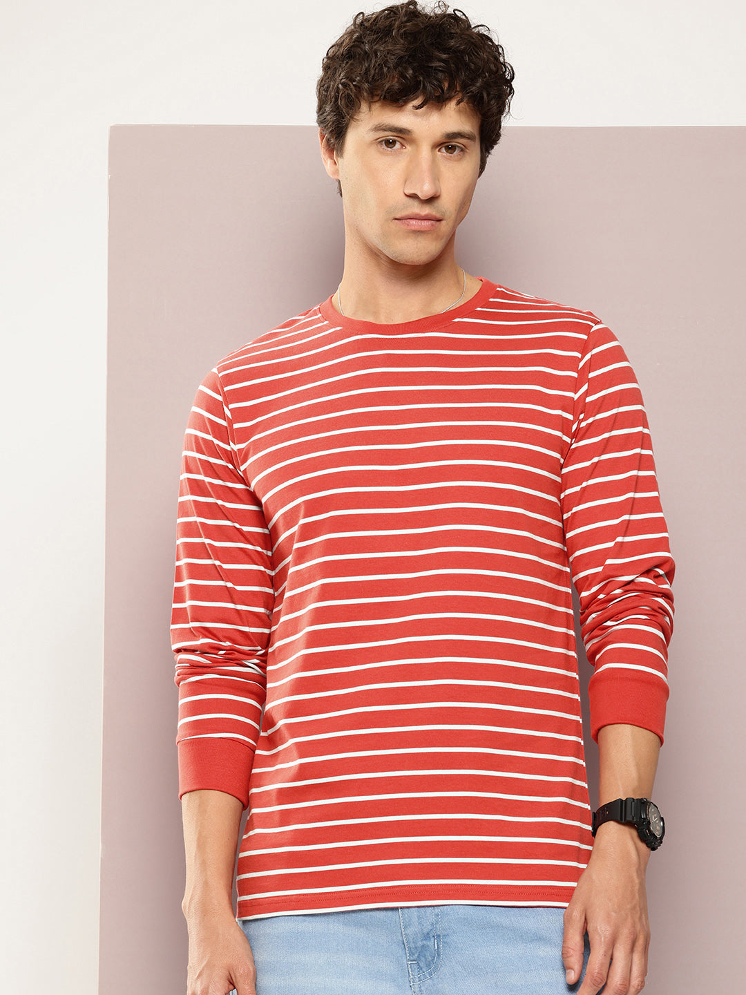 Mens Full Sleeve Round Neck All-Over Striped Regular Fit Tshirts