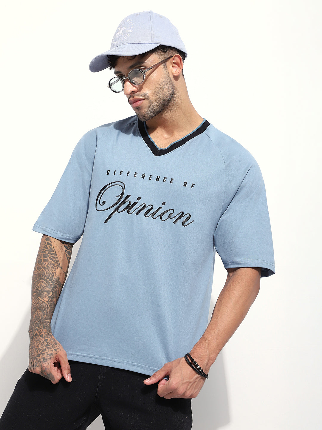 Mens Half Sleeve V-Neck Embroidered Oversized Fit Tshirts