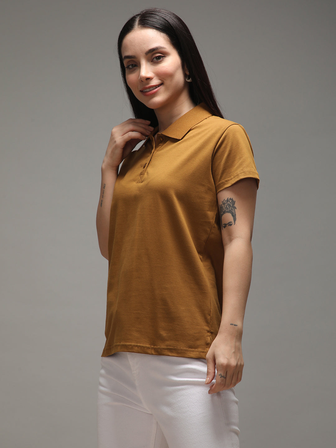 Womens Half Sleeve Polo Neck Solid Regular Fit Tshirts