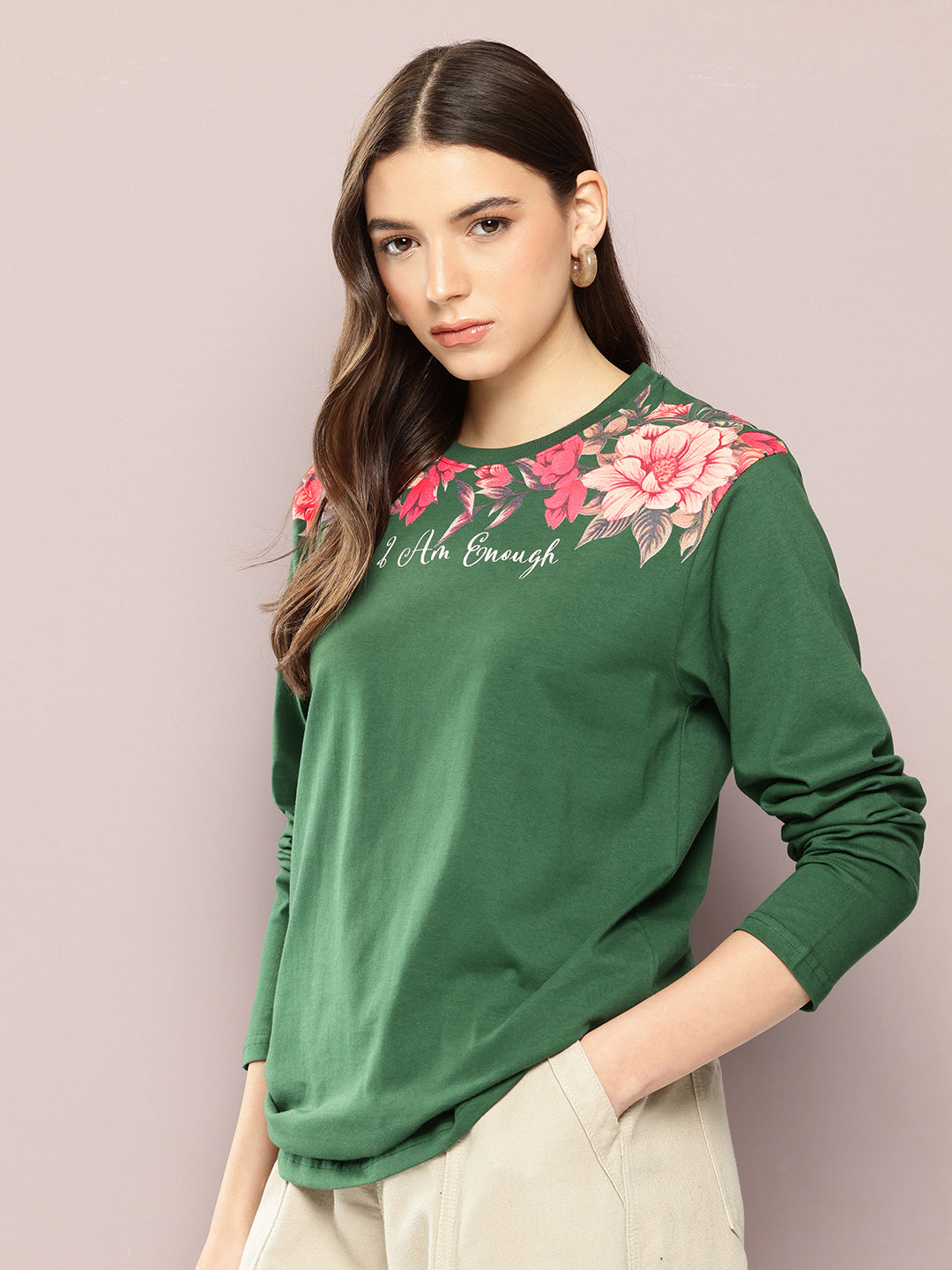 Womens Full Sleeve Round Neck Printed Oversized Fit Tshirts