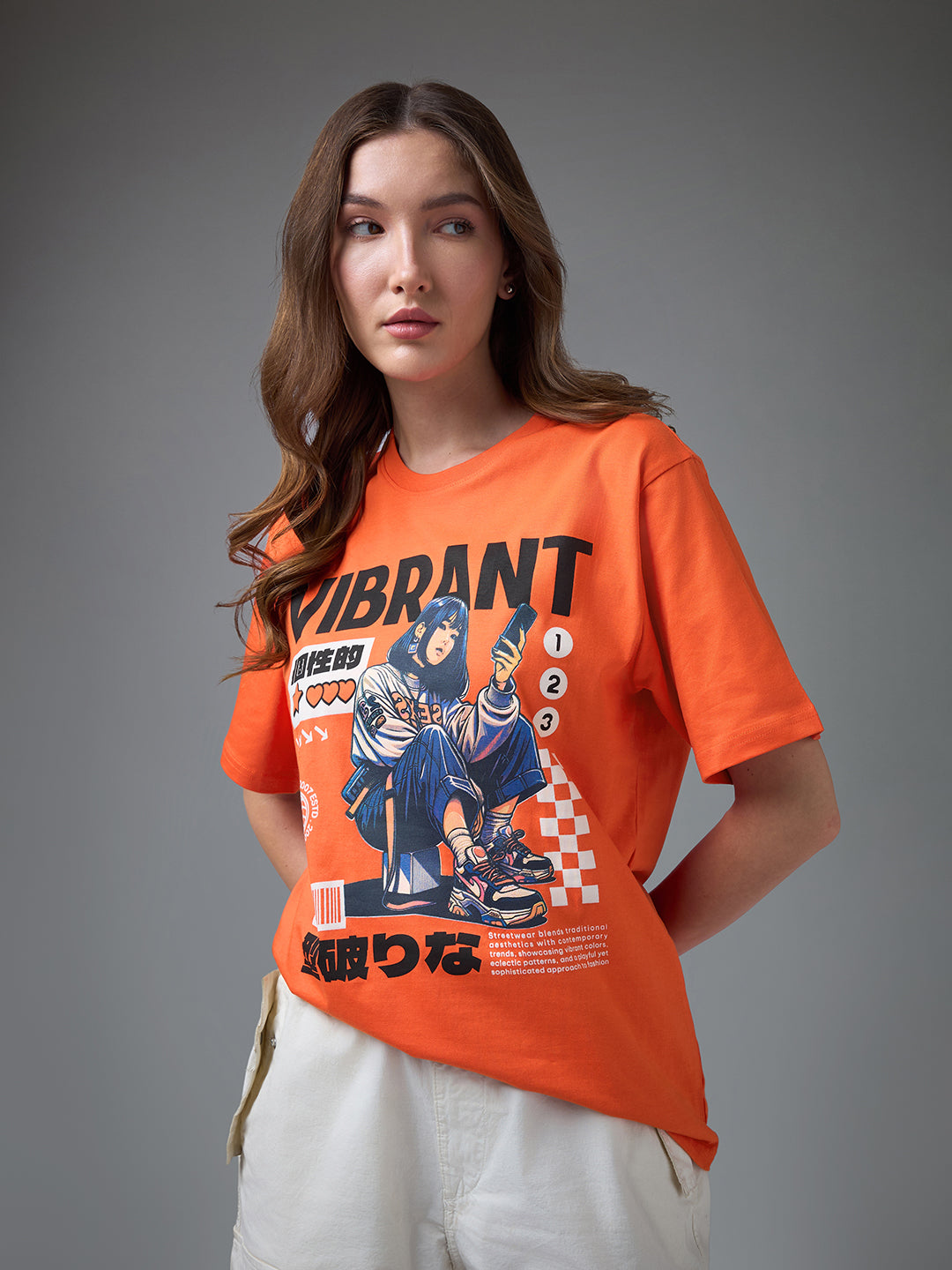 Womens Printed Round Neck Oversized Fit Tshirt