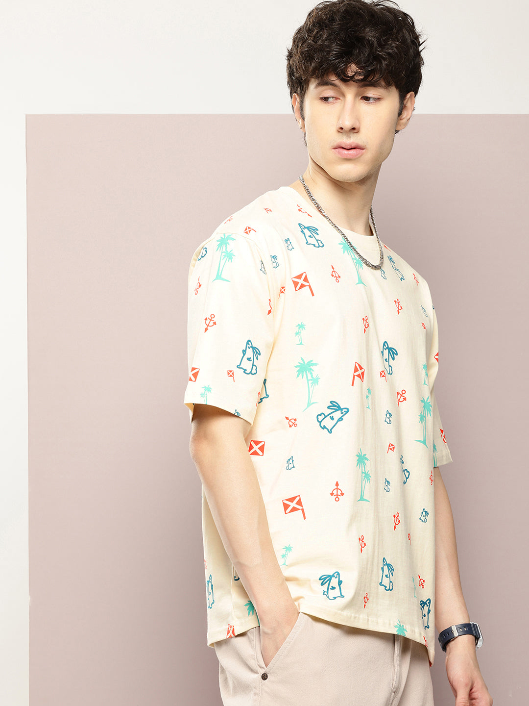 Mens Half Sleeve Round Neck All-Over Printed Oversized Fit Tshirts