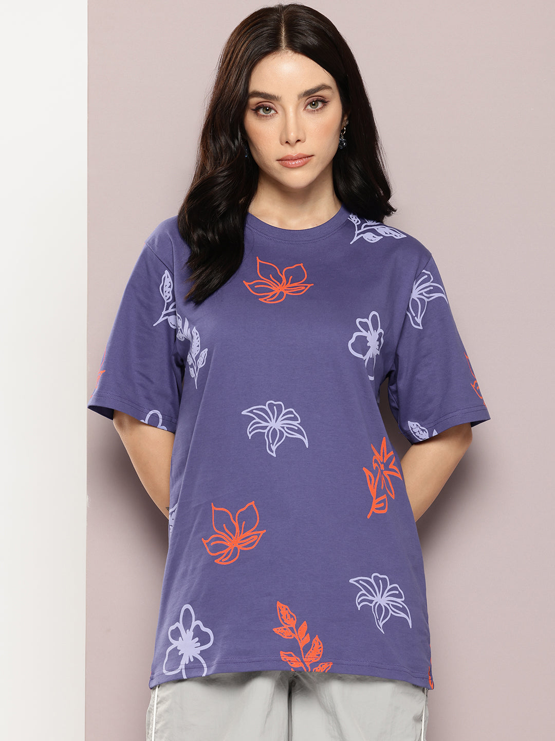Womens Half Sleeve Round Neck All-Over Printed Oversized Fit Tshirts