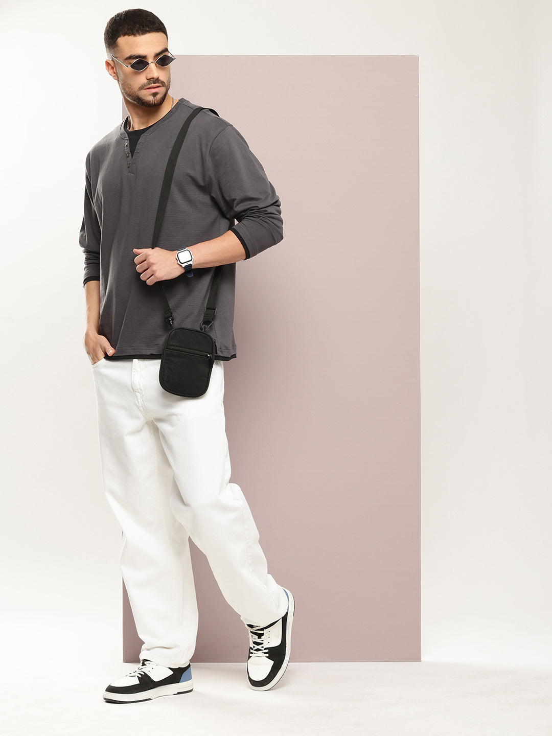 Mens Full Sleeve V-Neck Solid Oversized Fit Tshirts