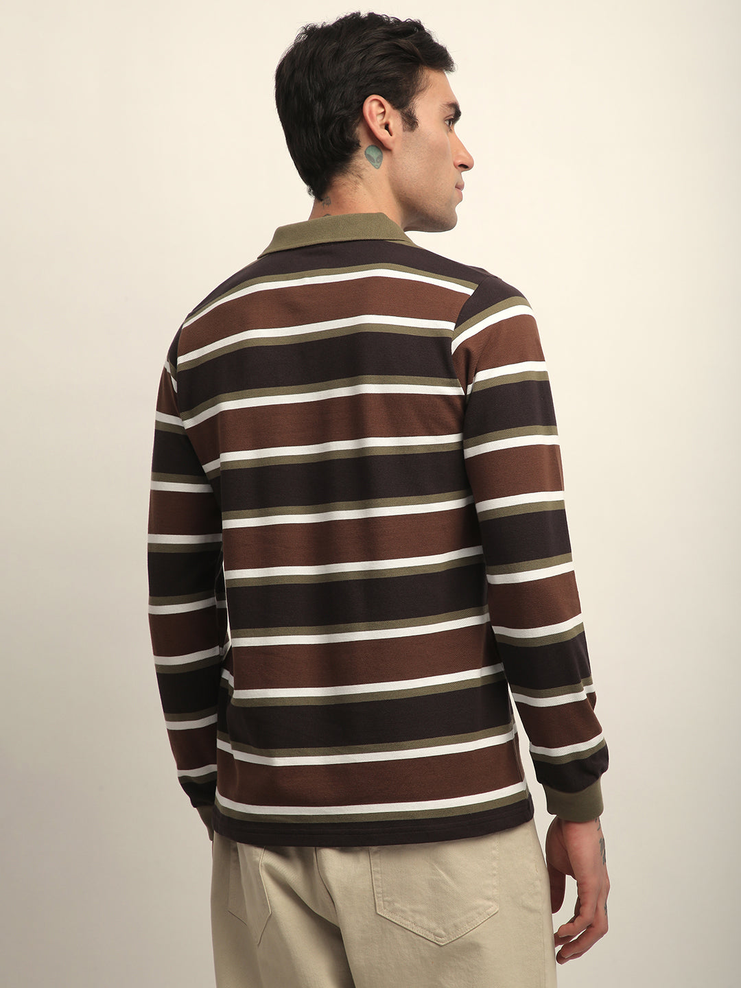 Mens Full Sleeve Polo Neck All-Over Striped Regular Fit Tshirts