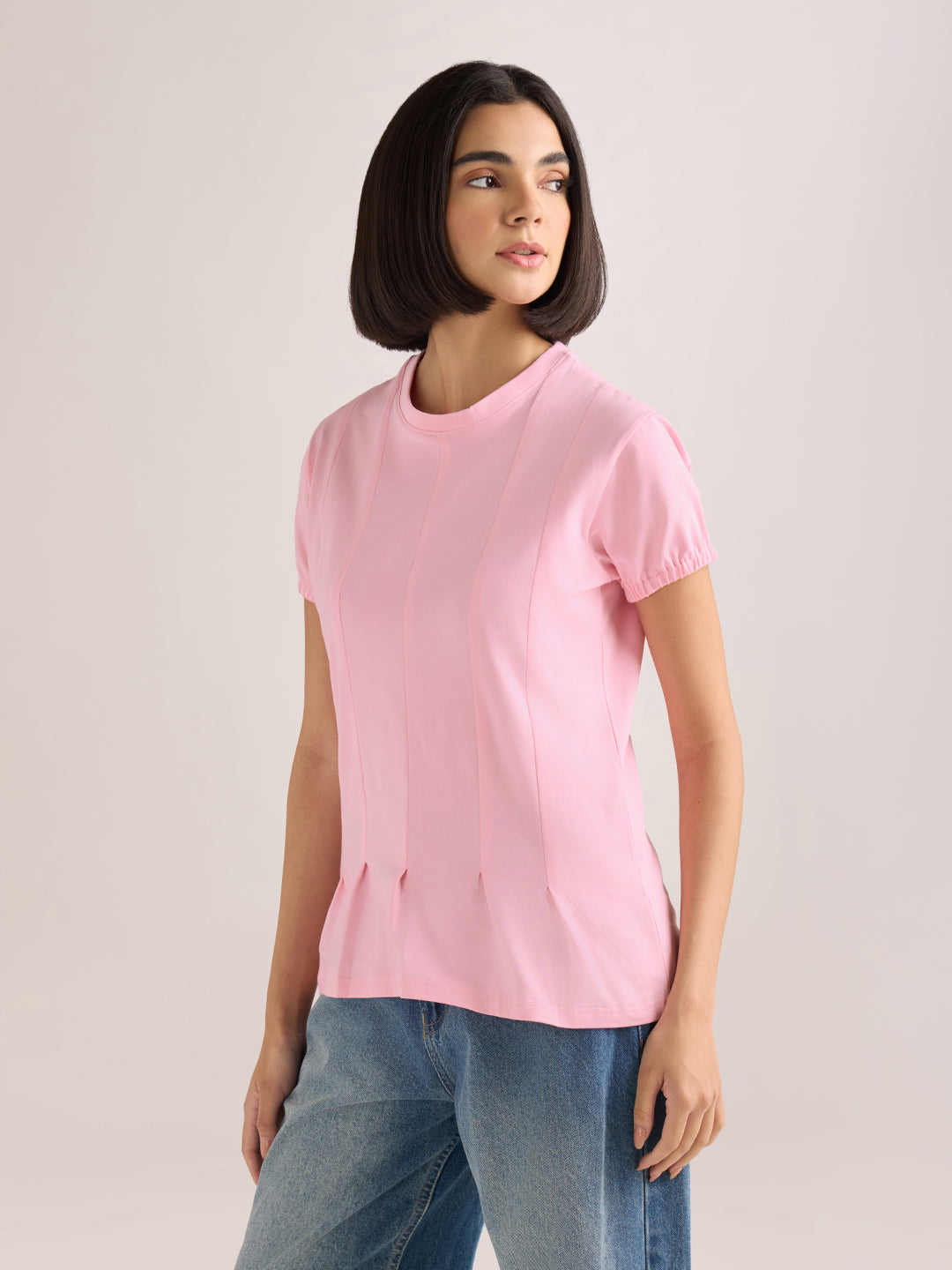 Womens Solid Regular Fit Lycra Jersey Round Neck Tshirt