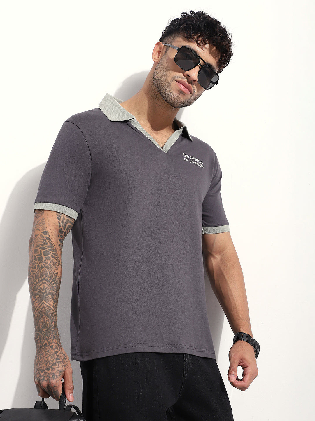 Mens Half Sleeve Polo Neck Back Embroidered Relaxed Fit Tshirts