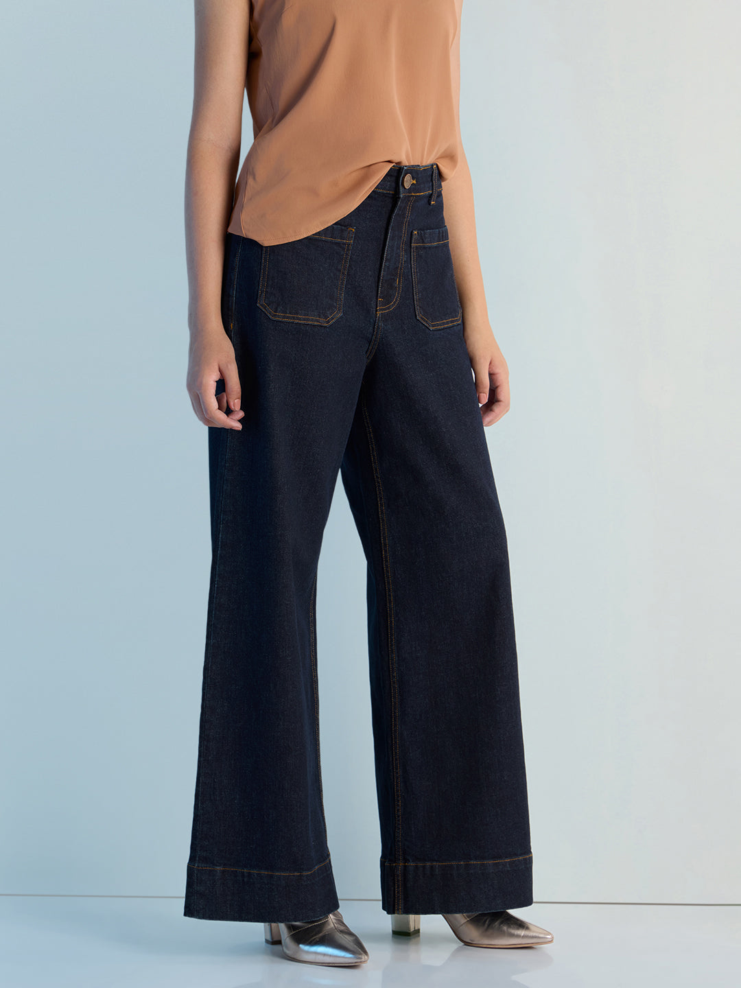 Womens Wide Leg Patch Pocket Denim Jeans Pant