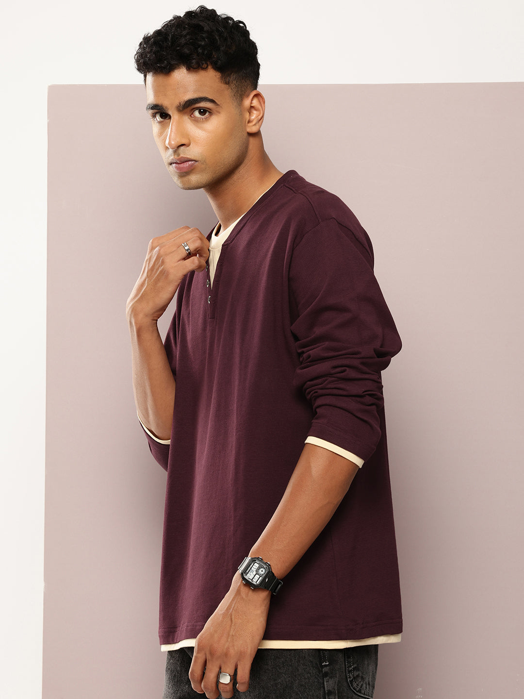 Mens Full Sleeve V-Neck Solid Oversized Fit Tshirts