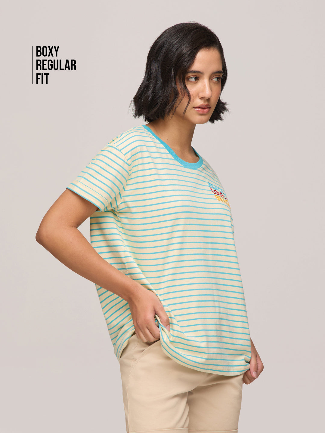 Womens Striped Boxy Regular Fit Cotton T-Shirt