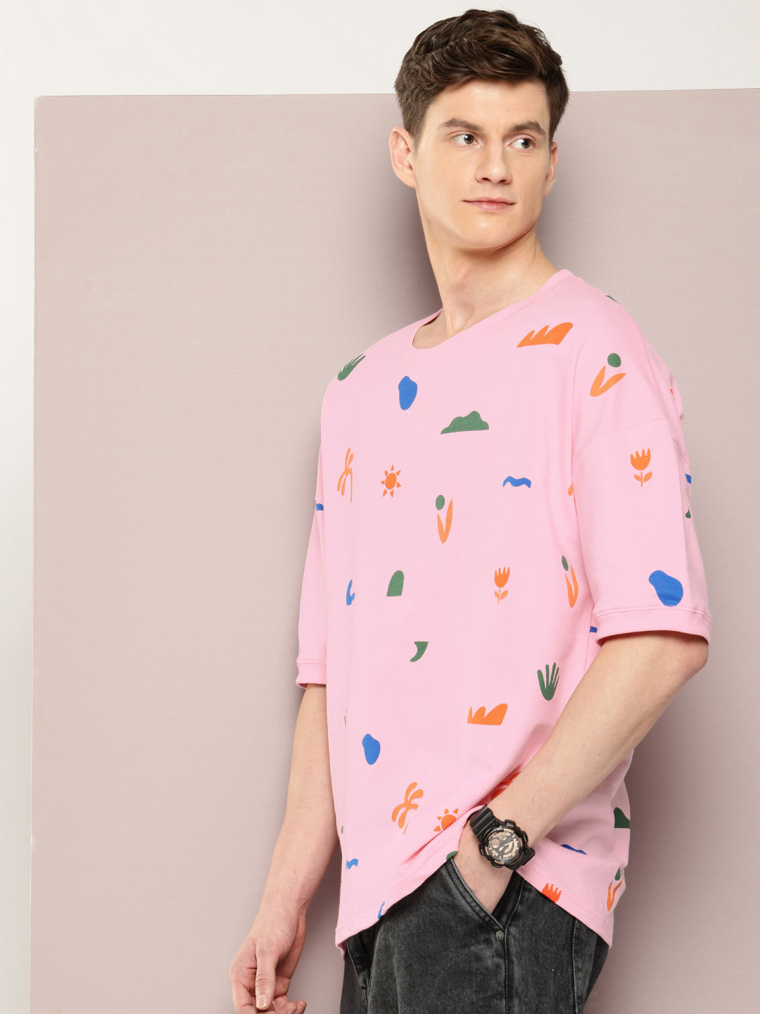 Mens Half Sleeve Round Neck All-Over Printed Oversized Fit Tshirts