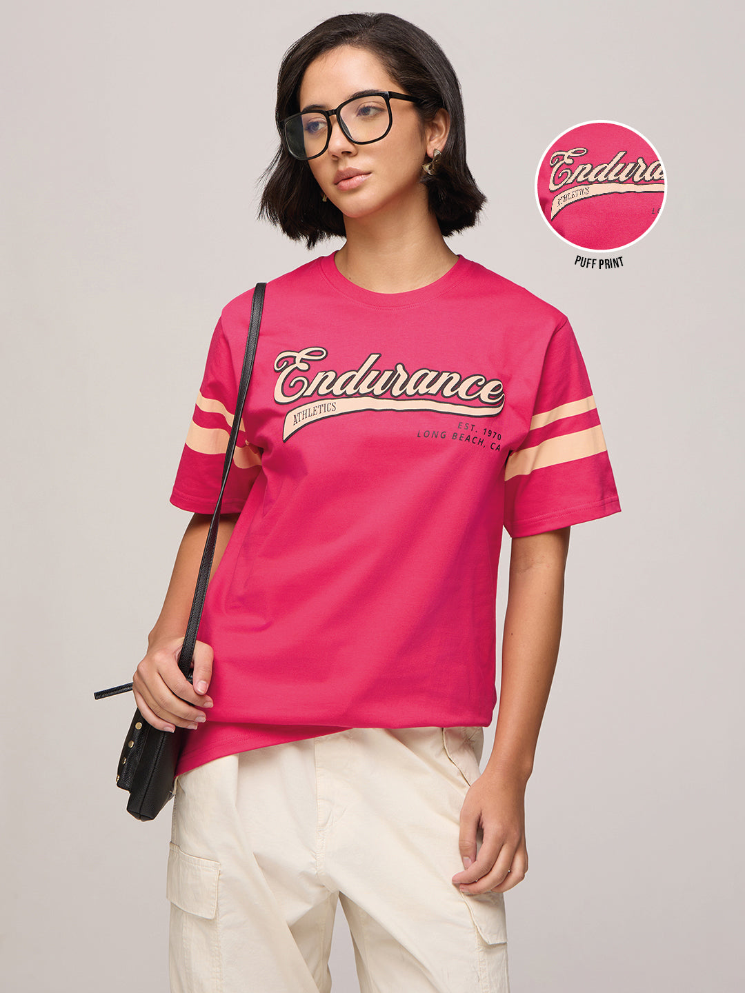 Womens Puff Printed Oversized Fit Cotton T-Shirt