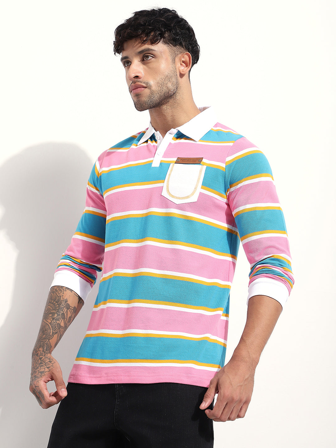 Mens Full Sleeve Polo Neck Striped Regular Fit Tshirts
