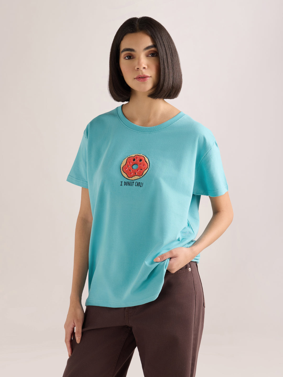 Womens Embroidery Boxy Regular Fit French Terry Cotton Tshirt