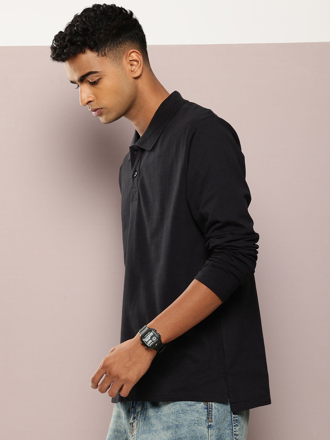 Mens Full Sleeve Polo Neck Solid Oversized Fit Tshirts