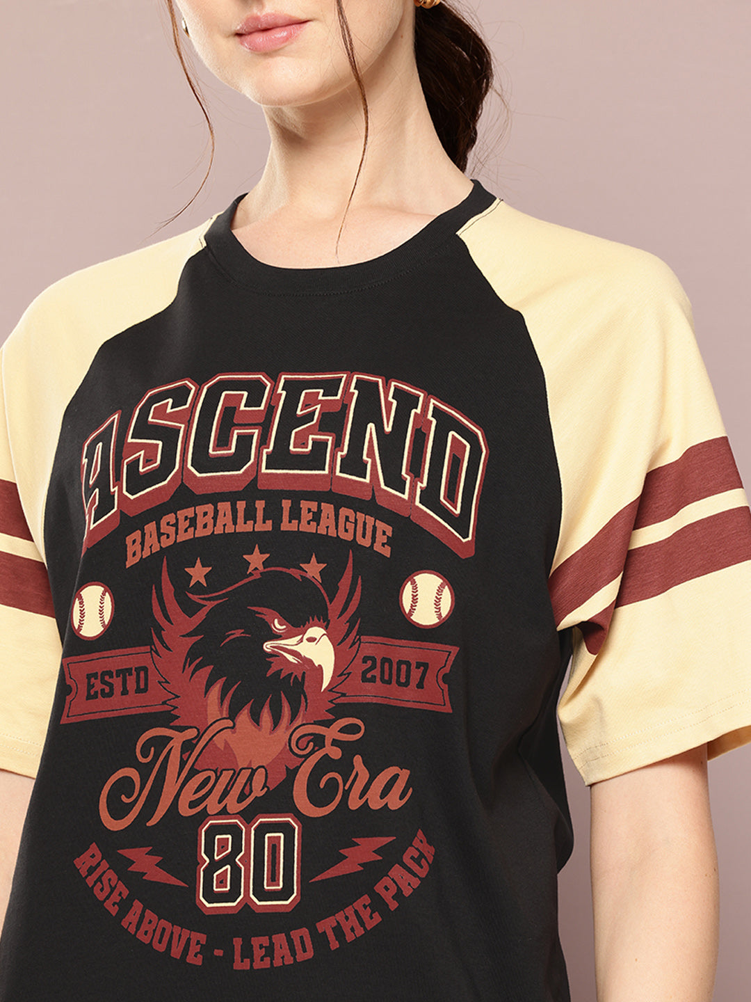 Womens Raglan Sleeve Printed Oversized Fit Tshirt