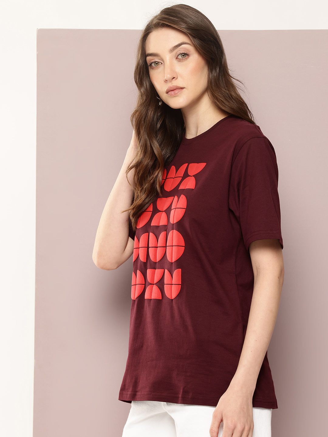 Womens Half Sleeve Round Neck Puff Print Oversized Fit Tshirts