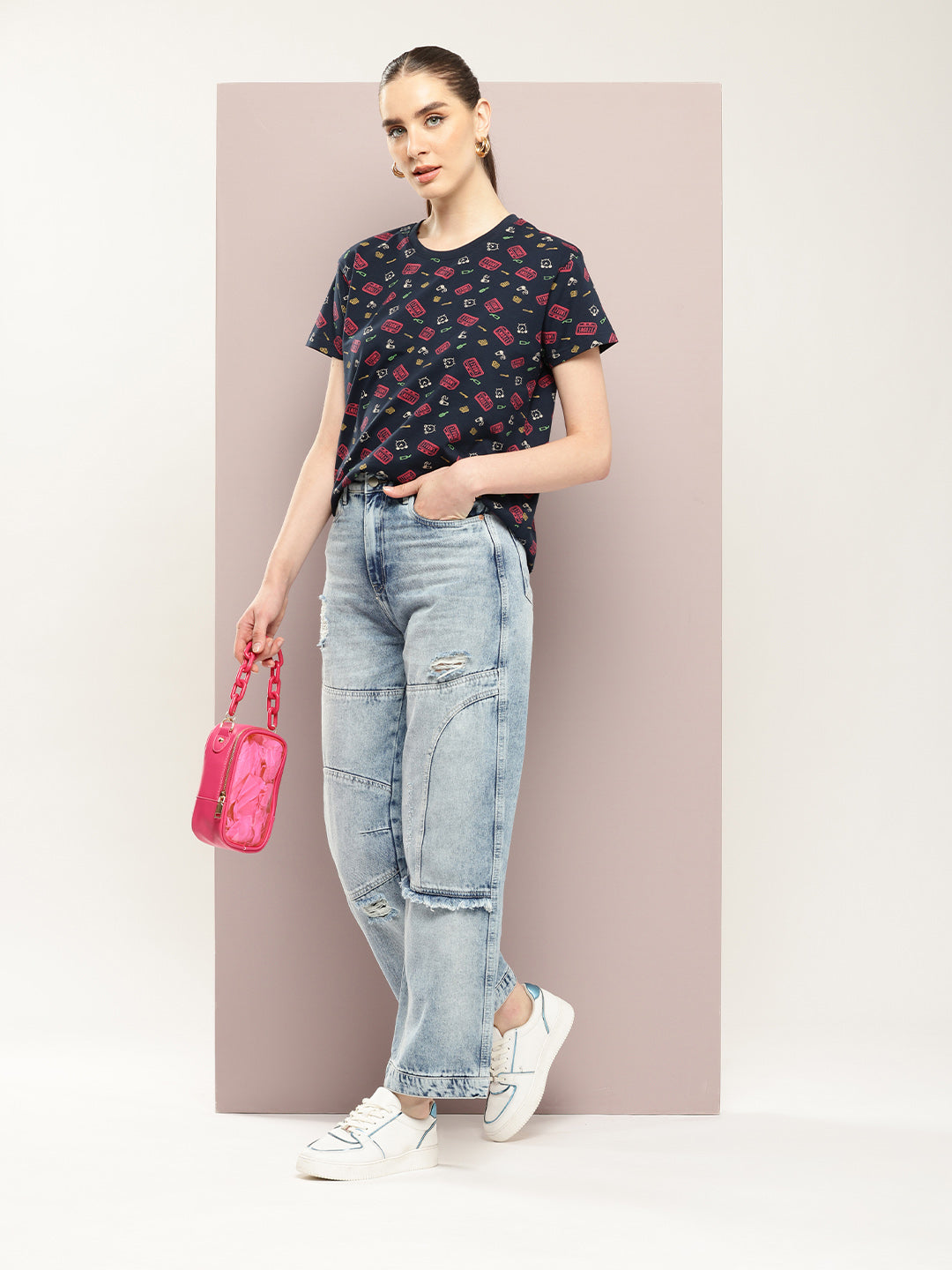 Womens Half Sleeve Round Neck All-Over Printed Boxy Fit Tshirts