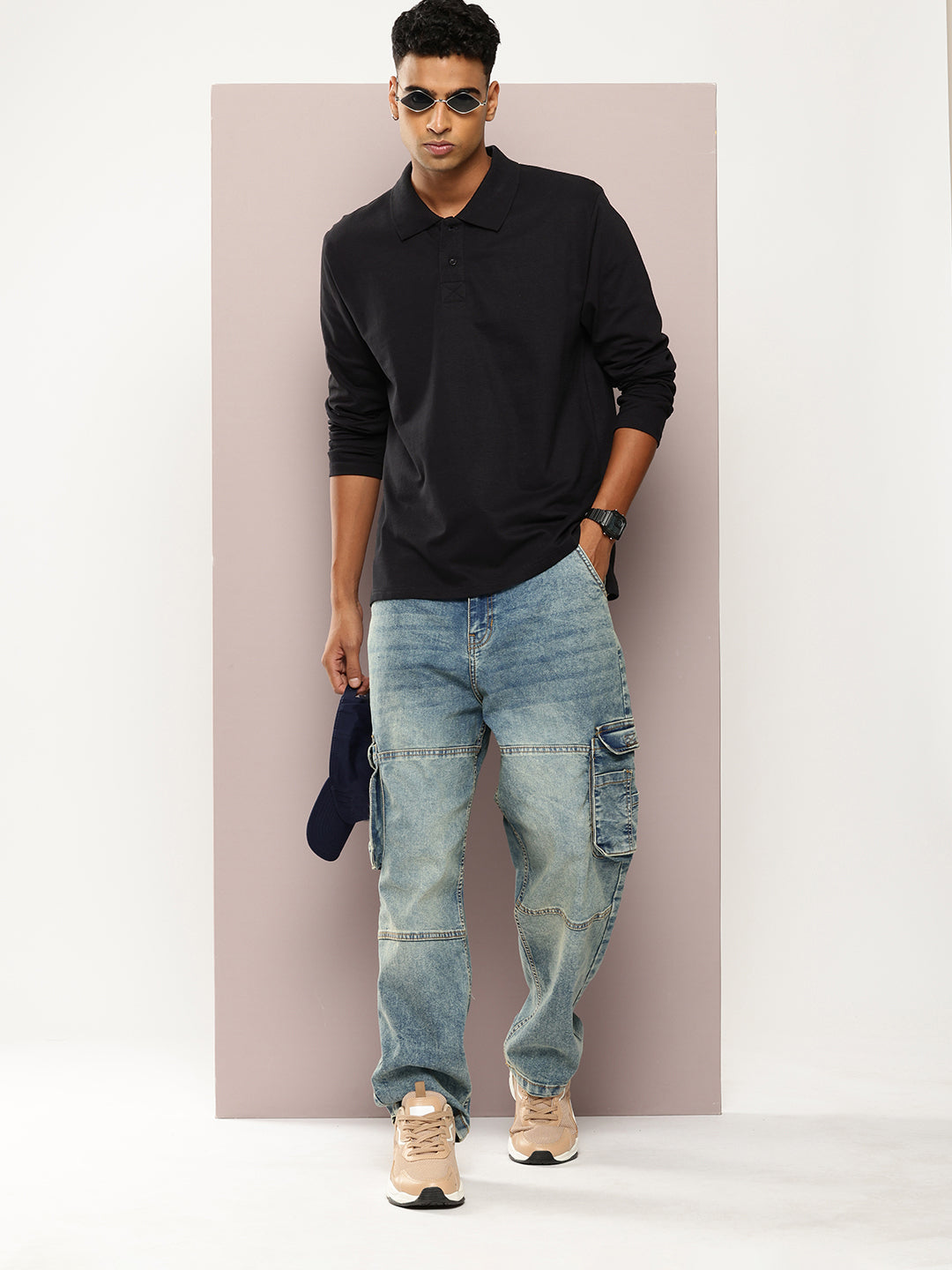 Mens Full Sleeve Polo Neck Solid Oversized Fit Tshirts
