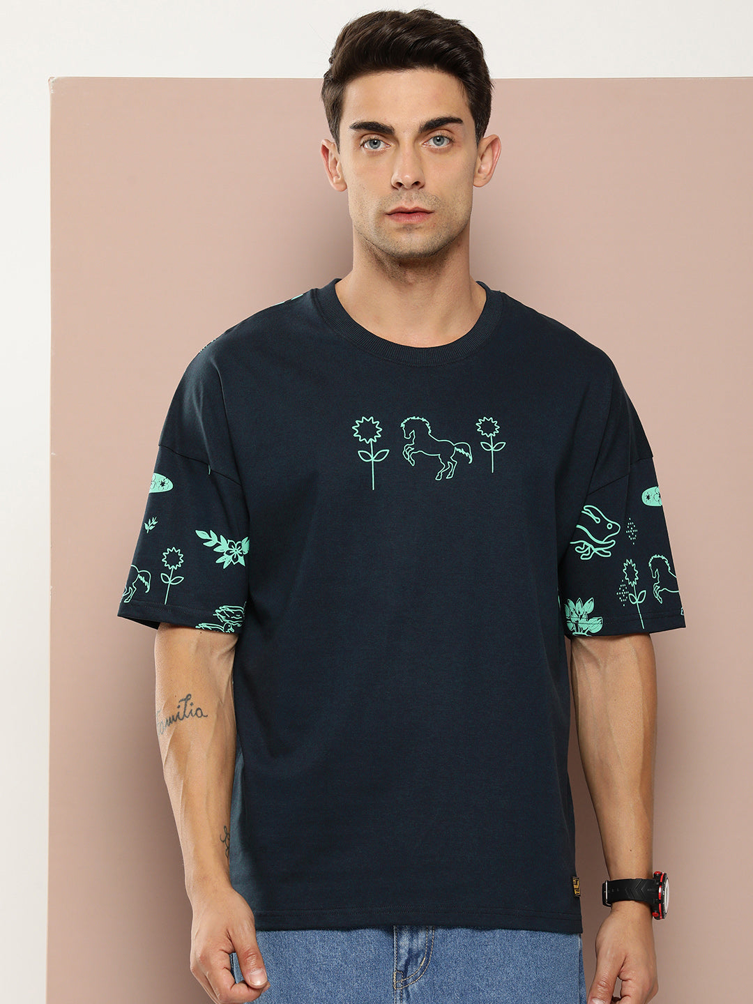 Mens Half Sleeve Drop Shoulder Printed Oversized Fit T-Shirts