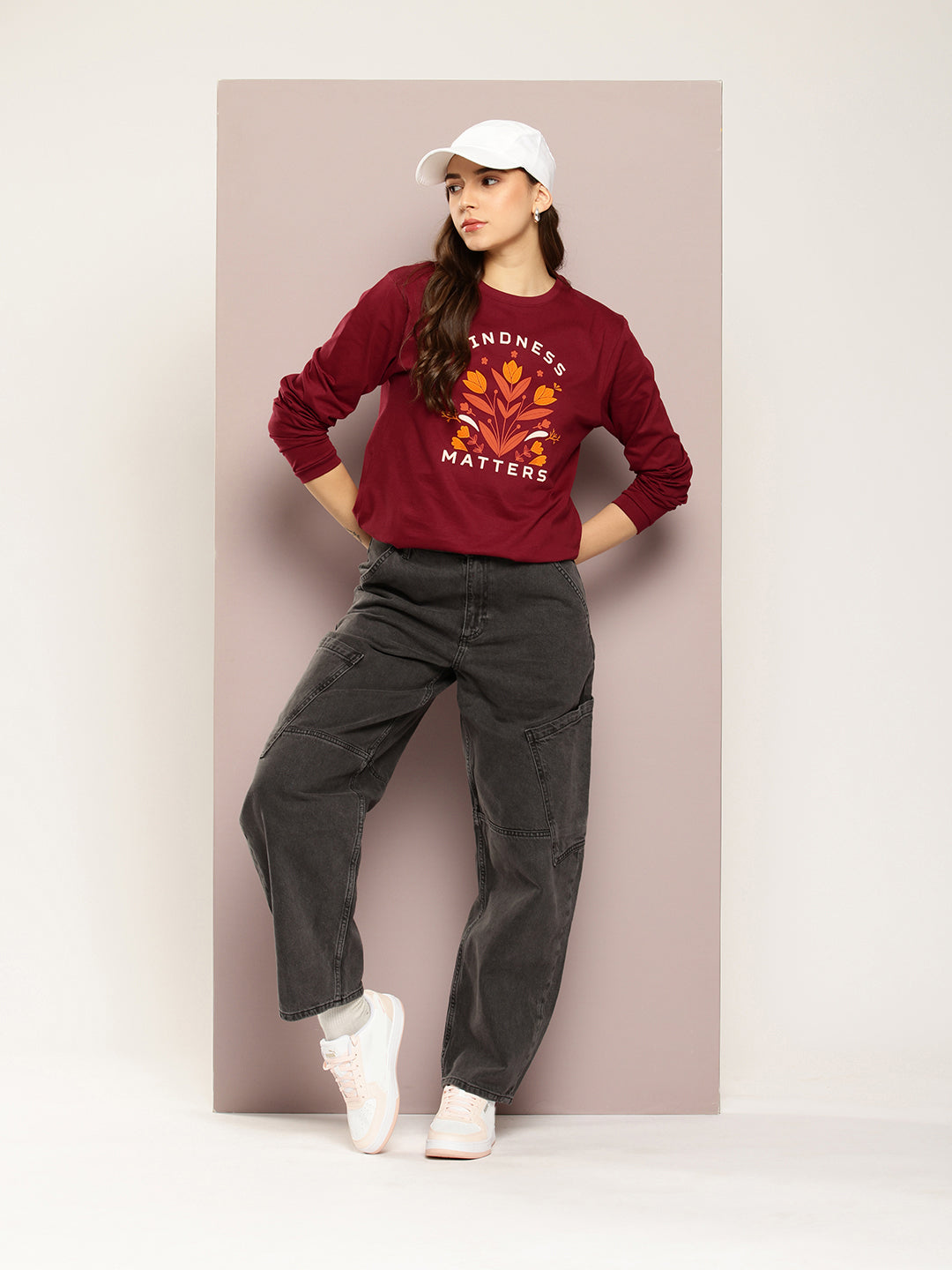 Womens Full Sleeve Round Neck Printed Oversized Fit Tshirts
