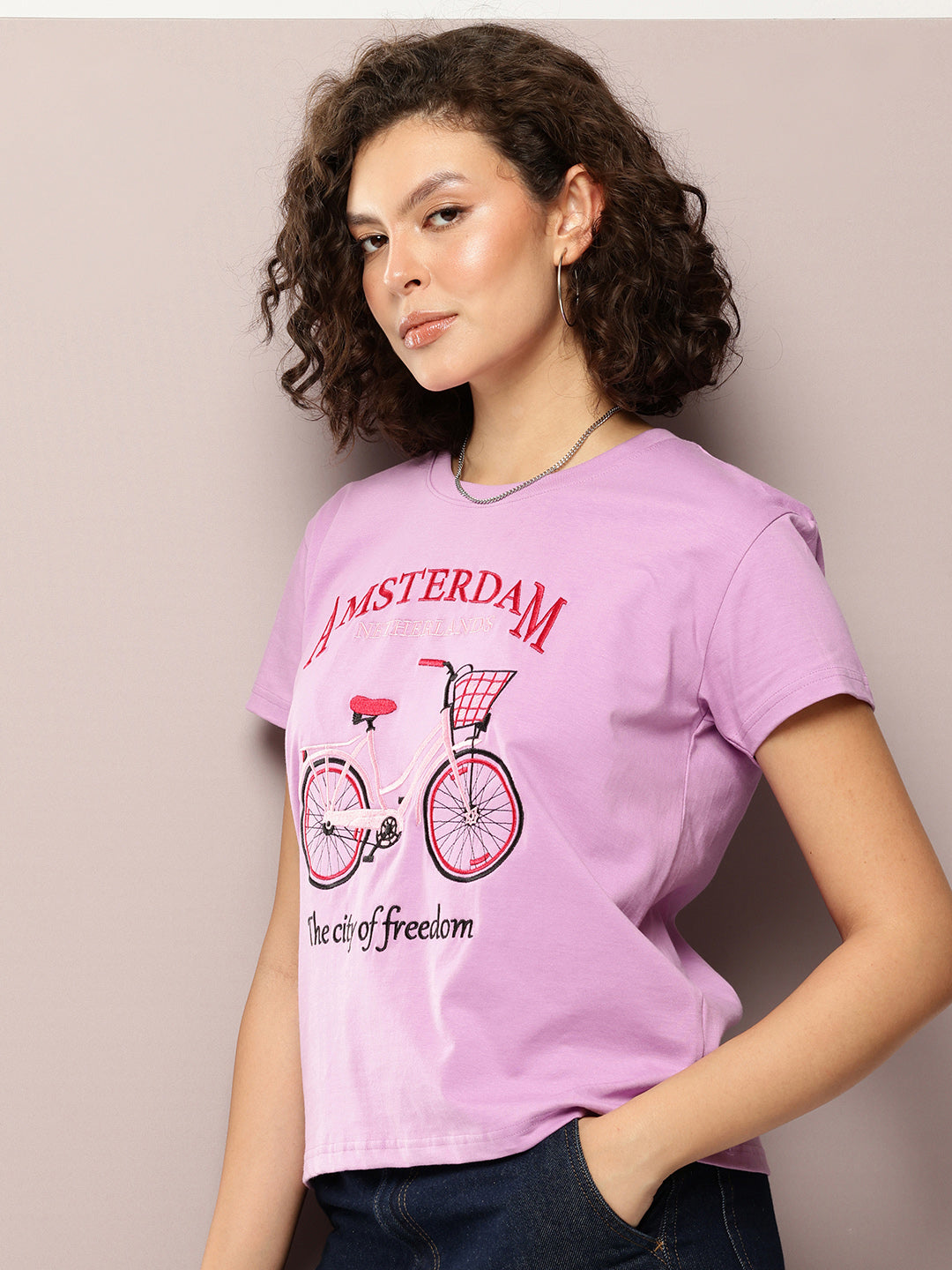 Womens Half Sleeve Round Neck Embroidery Boxy Fit Tshirts