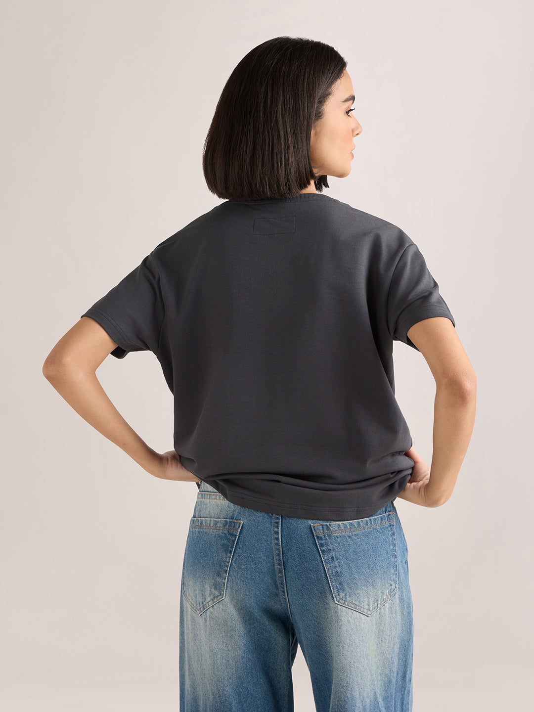 Womens Embroidery Boxy Regular Fit French Terry Cotton Tshirt