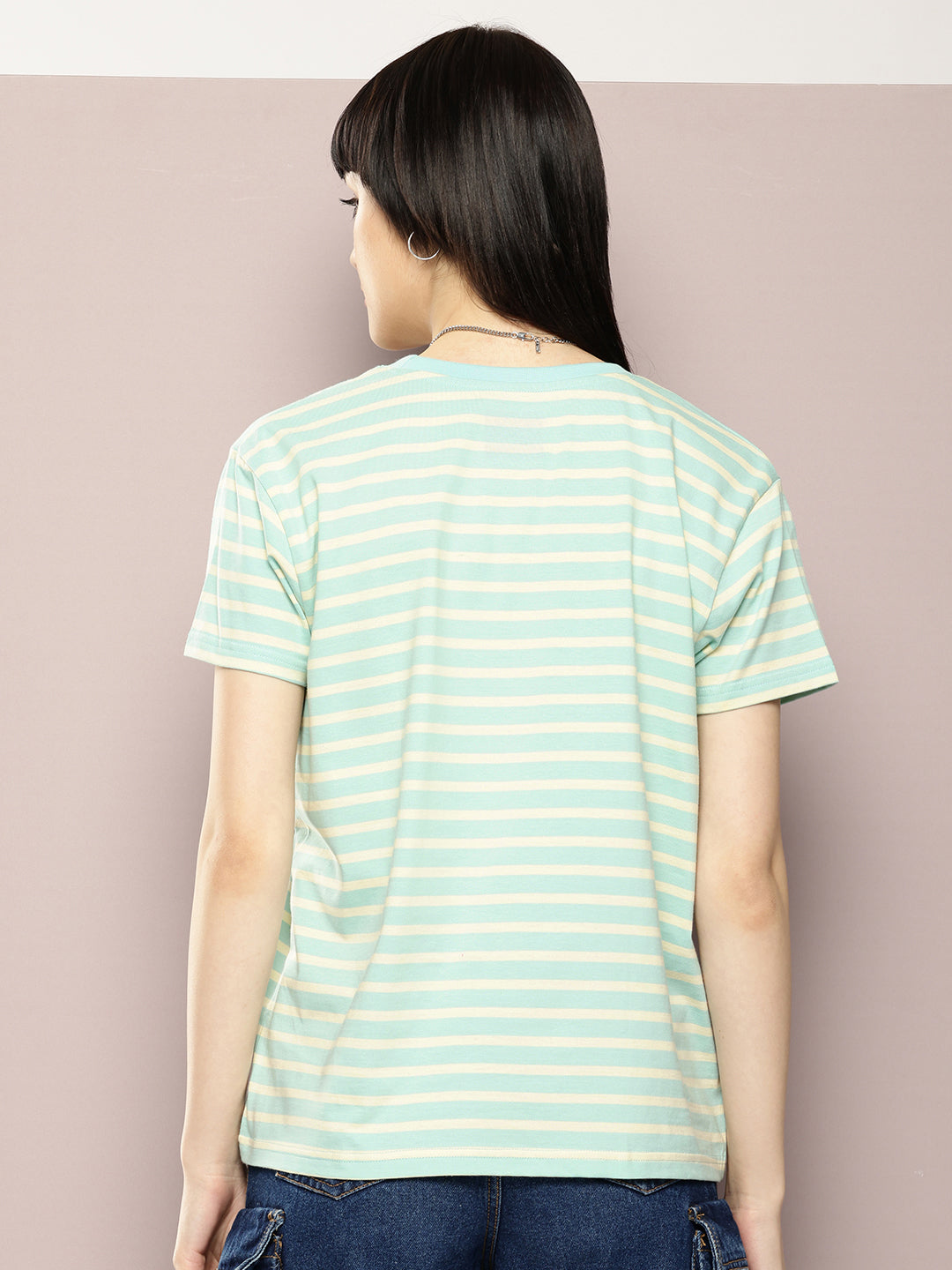 Womens Half Sleeve Round Neck Striped Boxy Fit Tshirts