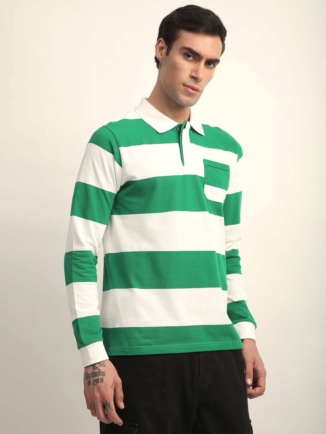 Mens Full Sleeve Polo Neck All-Over Striped Regular Fit Tshirts