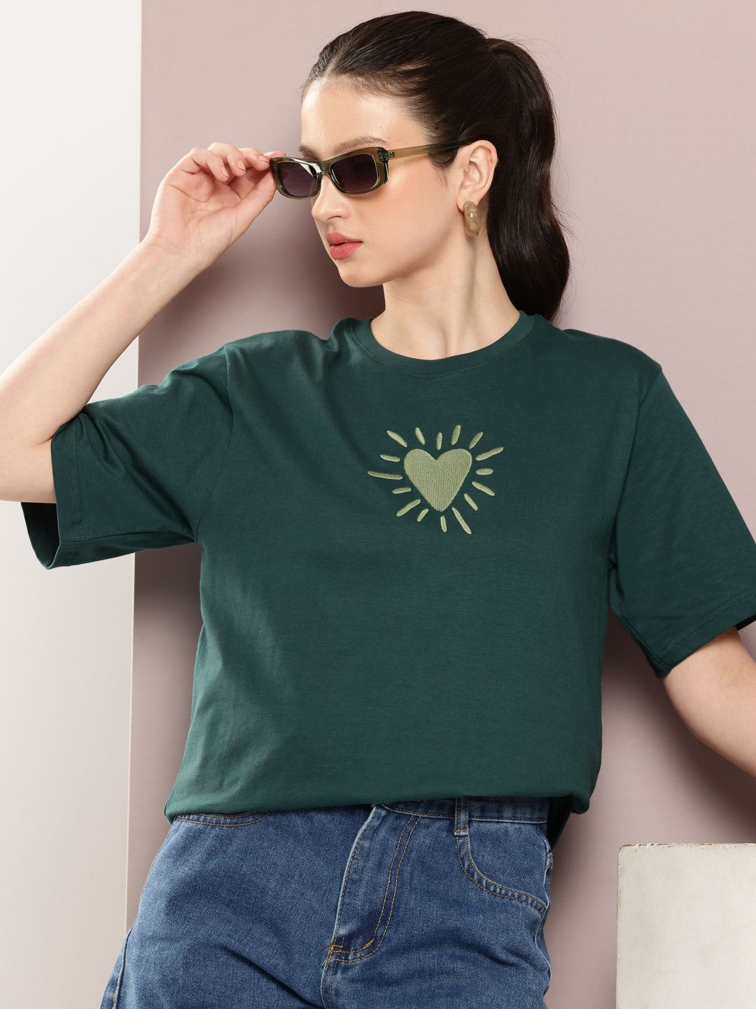 Womens Half Sleeve Round Neck Embroidery Oversized Fit Tshirts