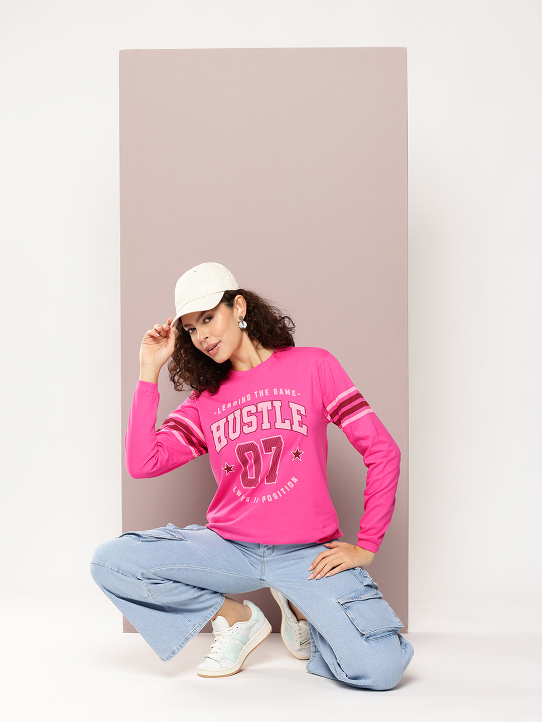 Womens Full Sleeve Round Neck Printed Oversized Fit Tshirts