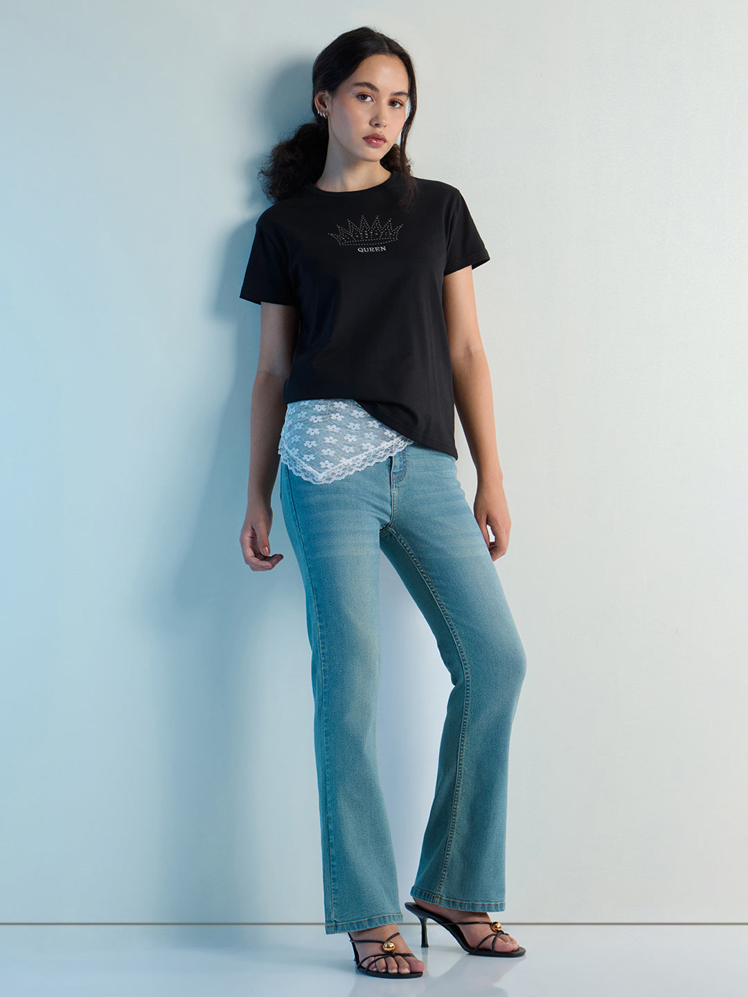 Womens Stud Detailed Regular Fit Round Neck Tshirt 
