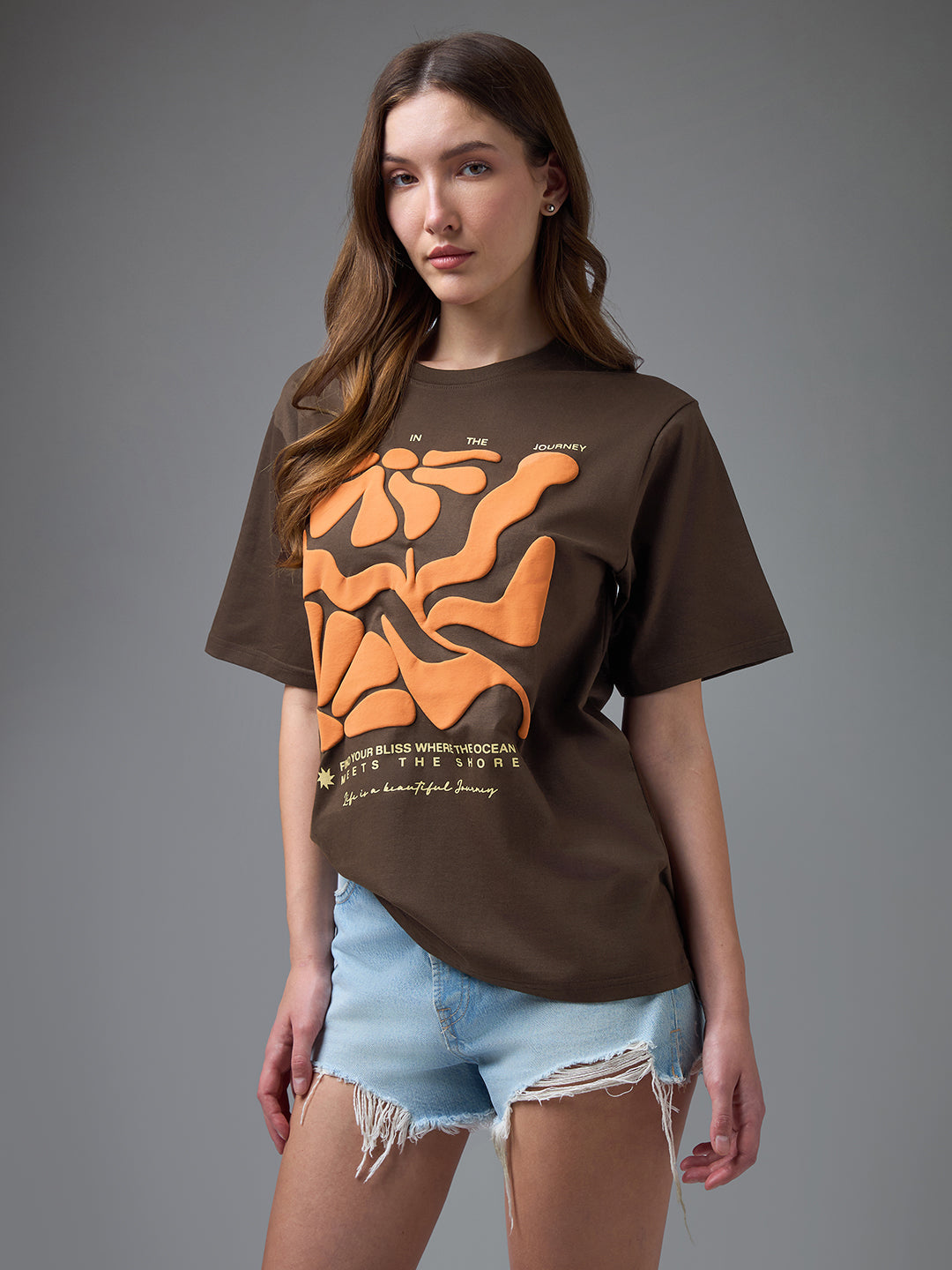 Womens Puff Printed Round Neck Oversized Fit Tshirt