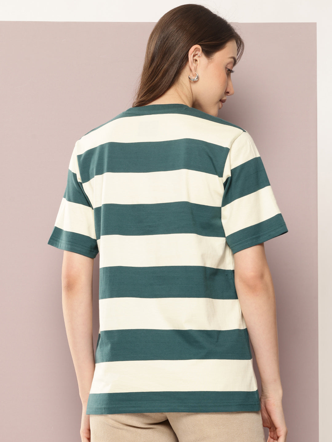 Womens Half Sleeve Round Neck Striped Oversized Fit Tshirts