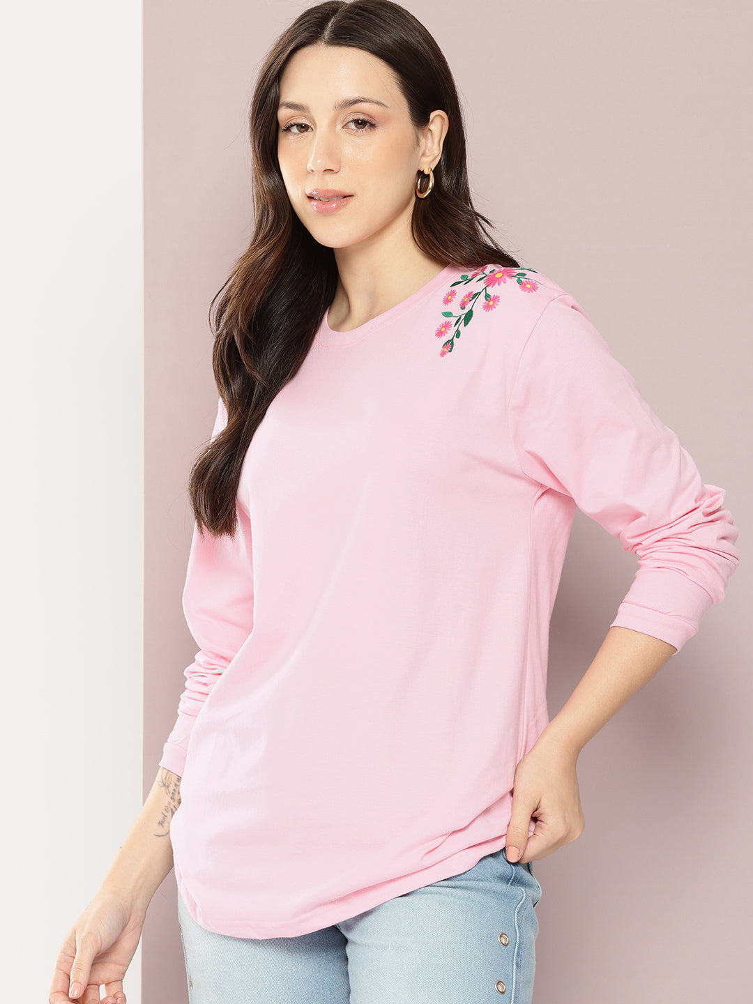 Womens Full Sleeve Round Neck Embroidered Oversized Fit Tshirts
