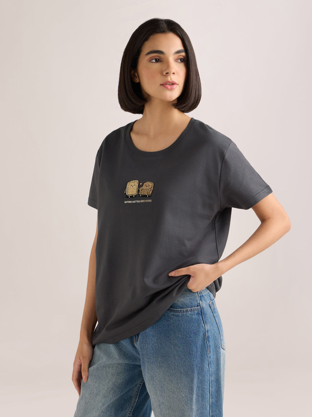 Womens Embroidery Boxy Regular Fit French Terry Cotton Tshirt