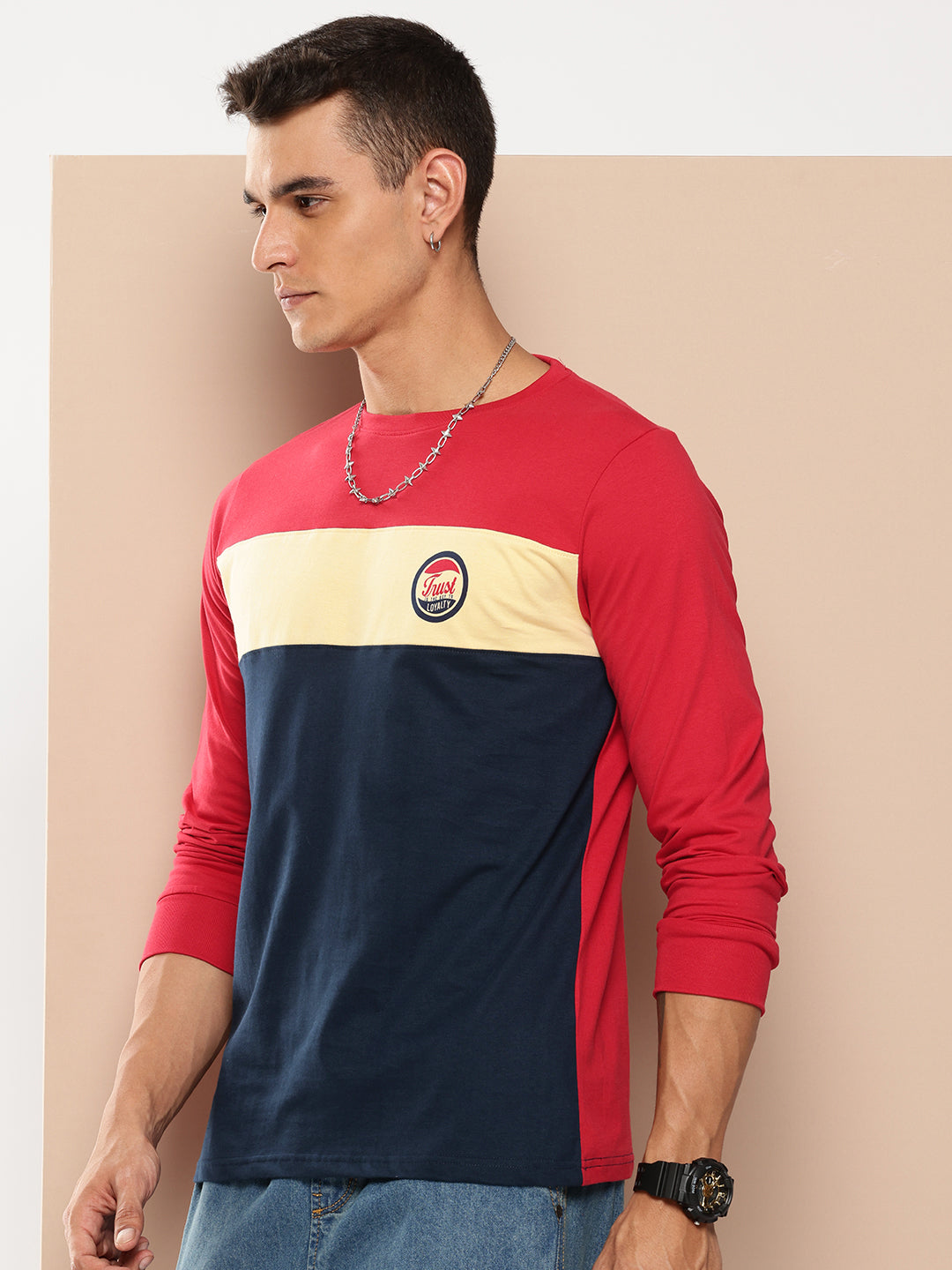 Mens Full Sleeve Round Neck Colourblocked Regular Fit Tshirts