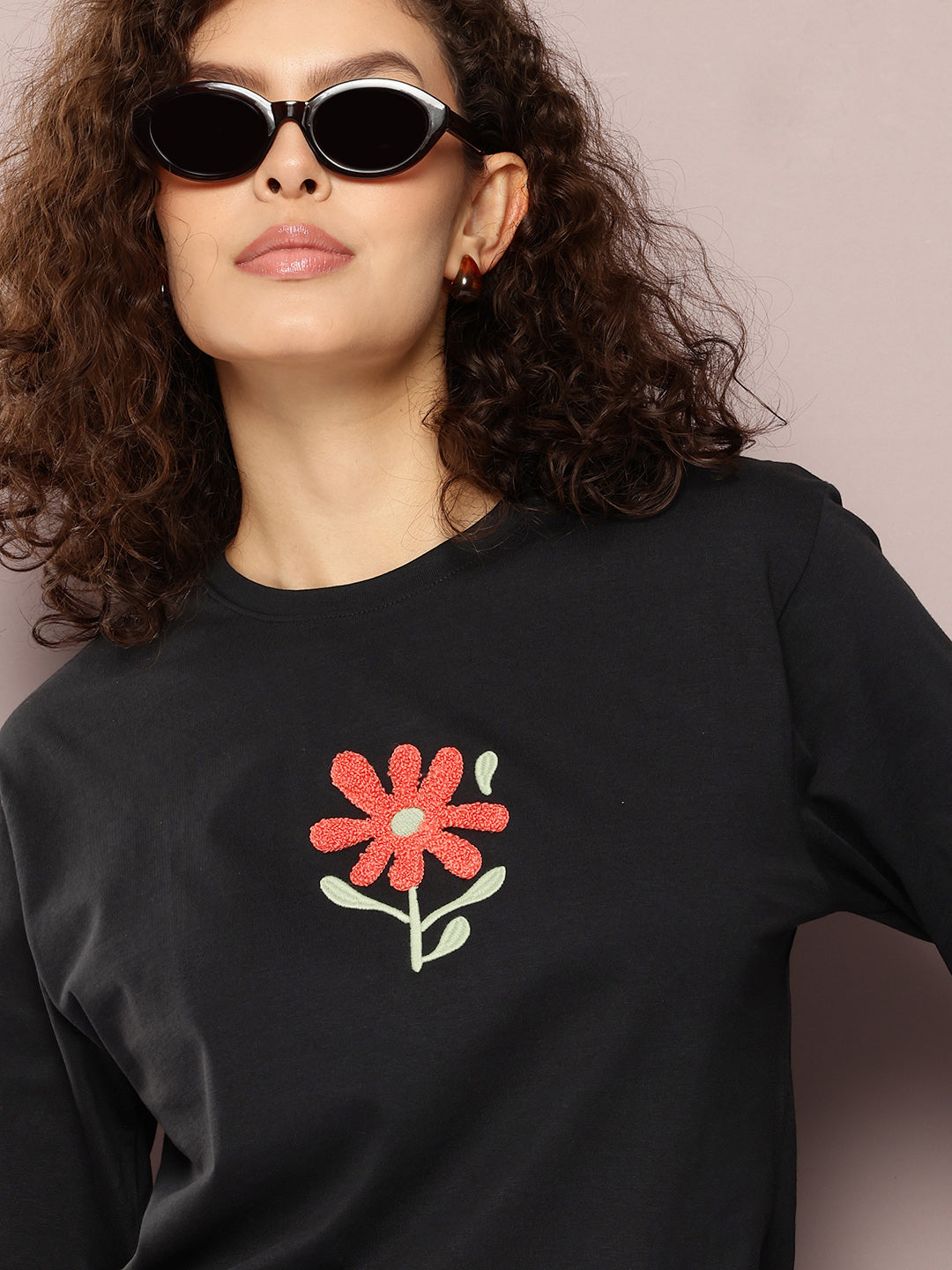 Womens Full Sleeve Round Neck Embroidered Oversized Fit Tshirts