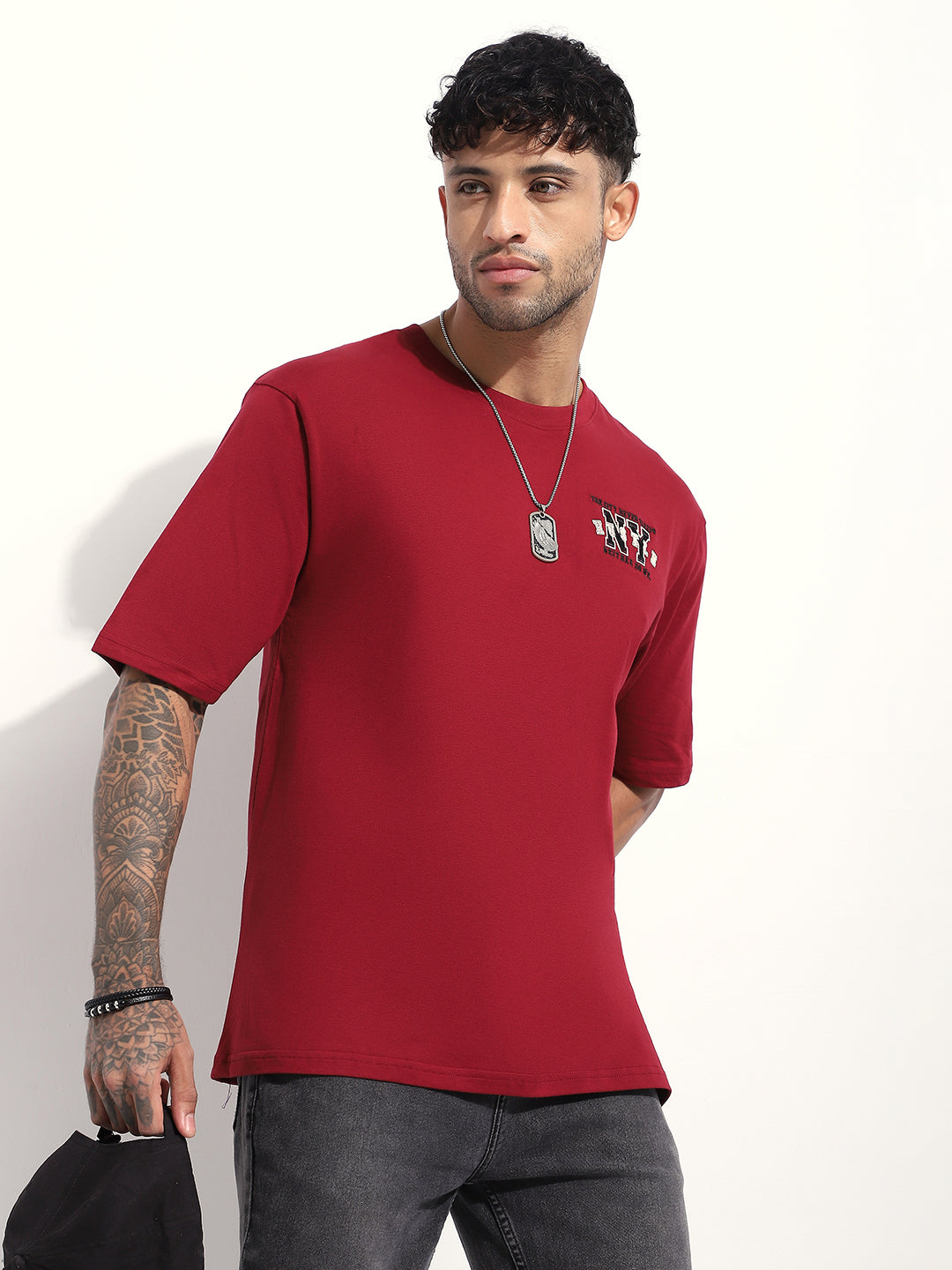 Mens Half Sleeve Round Neck Embroidered Oversized Fit Tshirts
