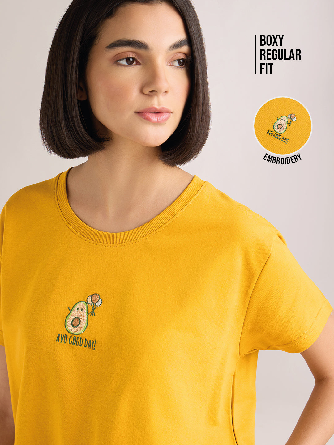 Womens Embroidery Boxy Regular Fit French Terry Cotton Tshirt