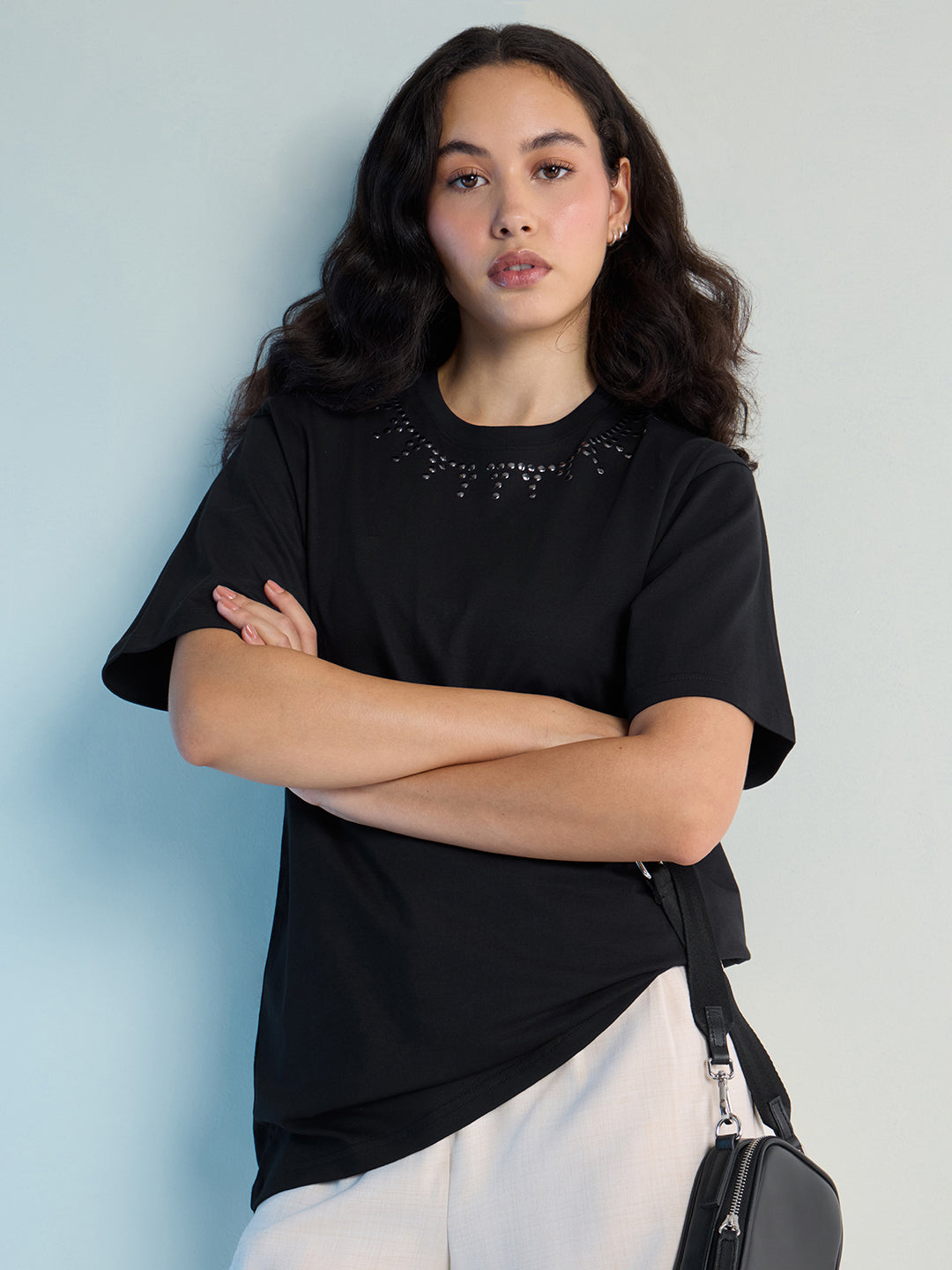 Womens Stud Detailed Oversized Round Neck Tshirt 