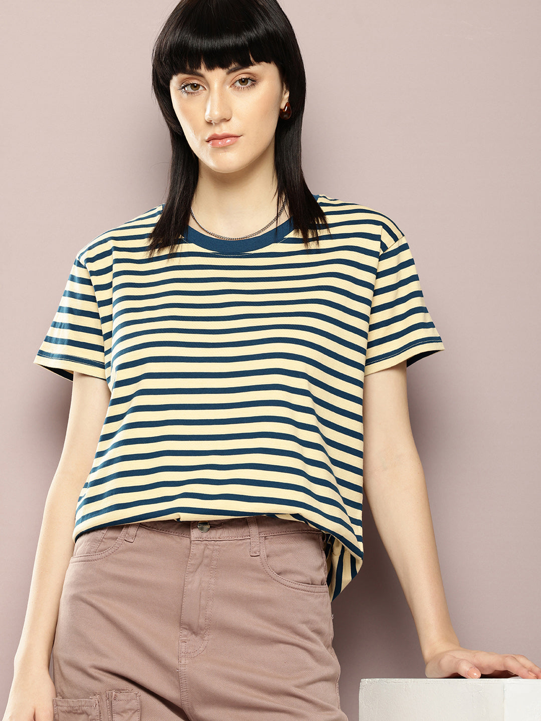Womens Half Sleeve Round Neck Striped Boxy Fit Tshirts