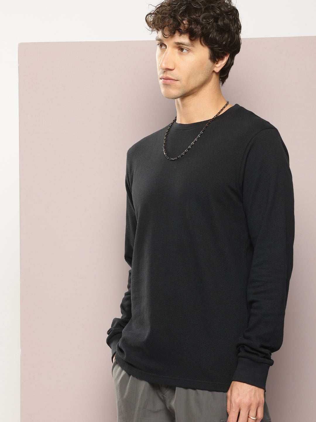 Mens Full Sleeve Round Neck Solid Regular Fit Tshirts