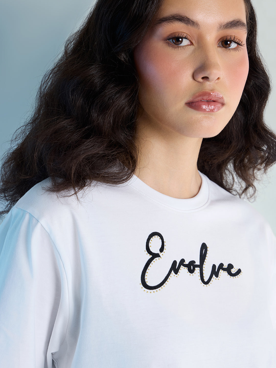 Womens Stud Detailed Oversized Round Neck Tshirt 